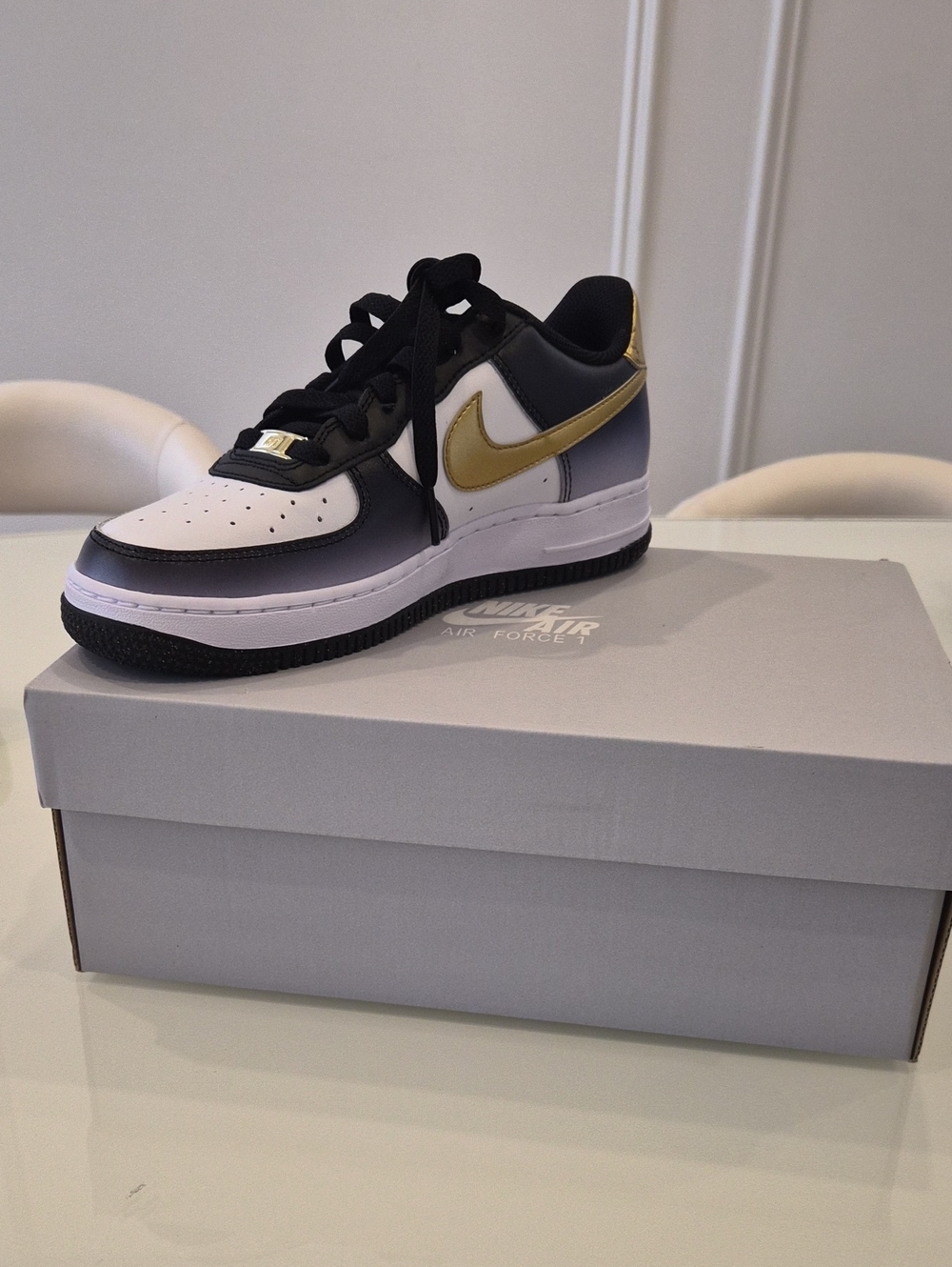 Brand NEW Nike Air Force 1, White/Black with Metallic Gold Swoosh Youth Size 5.5